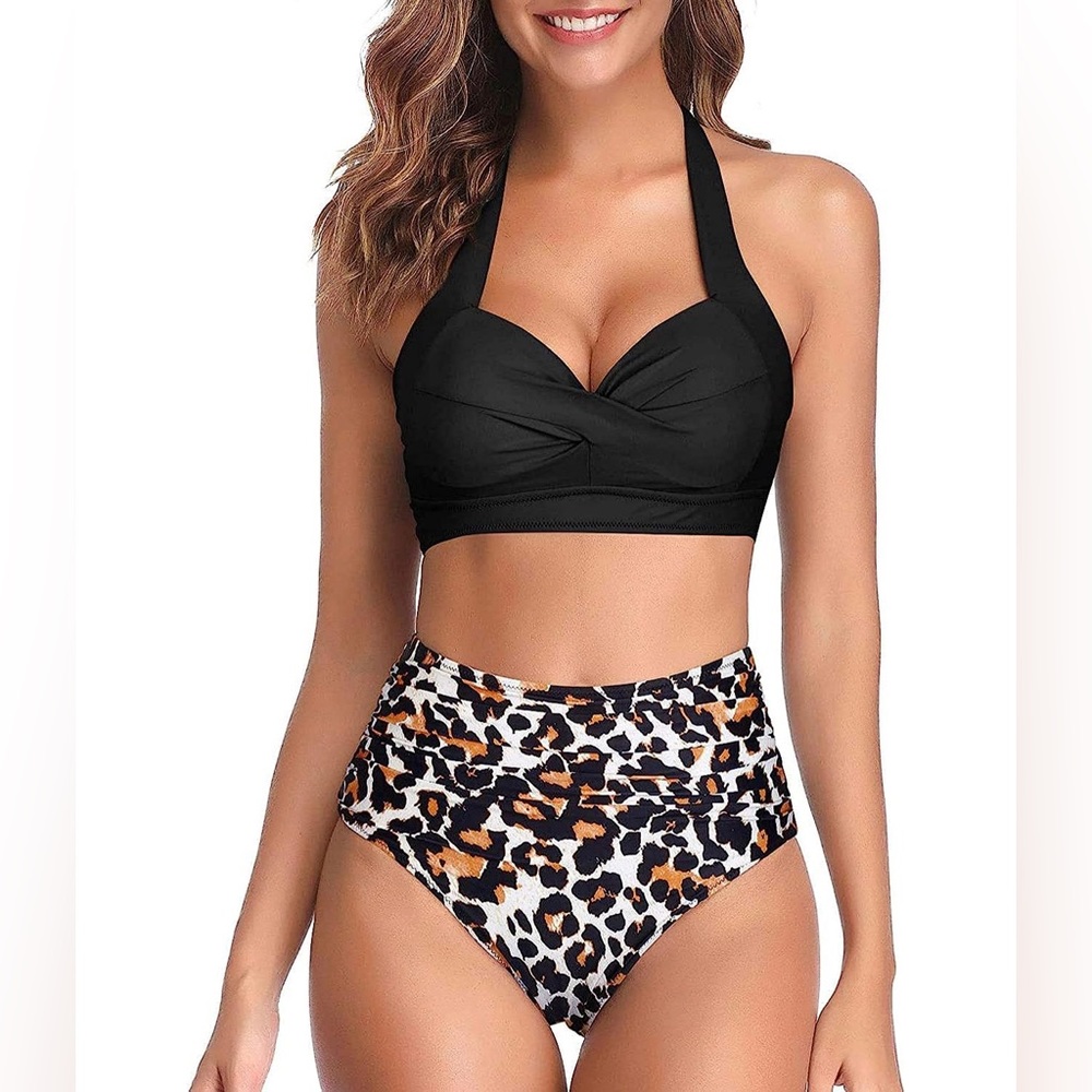 Women Two Piece Vintage Swimsuit Retro Halter Ruched High Waist Bikini size L